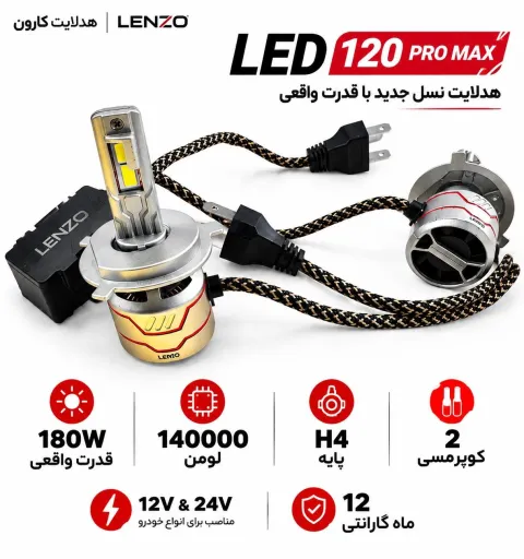 هدلایت v120 pro max  پایه h4 برند لنزو